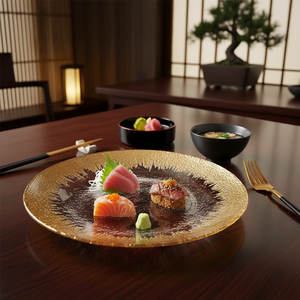 Plato <span class=keywords><strong>de</strong></span> cristal europeo Retro Occidental para el hogar, textura dorada dibujada a mano, plato <span class=keywords><strong>de</strong></span> fruta <span class=keywords><strong>de</strong></span> bistec cortado en frío ecológico para fiestas - Product Image 3