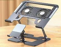 Support pour ordinateur portable Great Roc 2 en 1 avec support pour téléphone, ventilateurs de refroidissement, réglable, pliable, en acier carbone, pour ordinateur portable et tablette