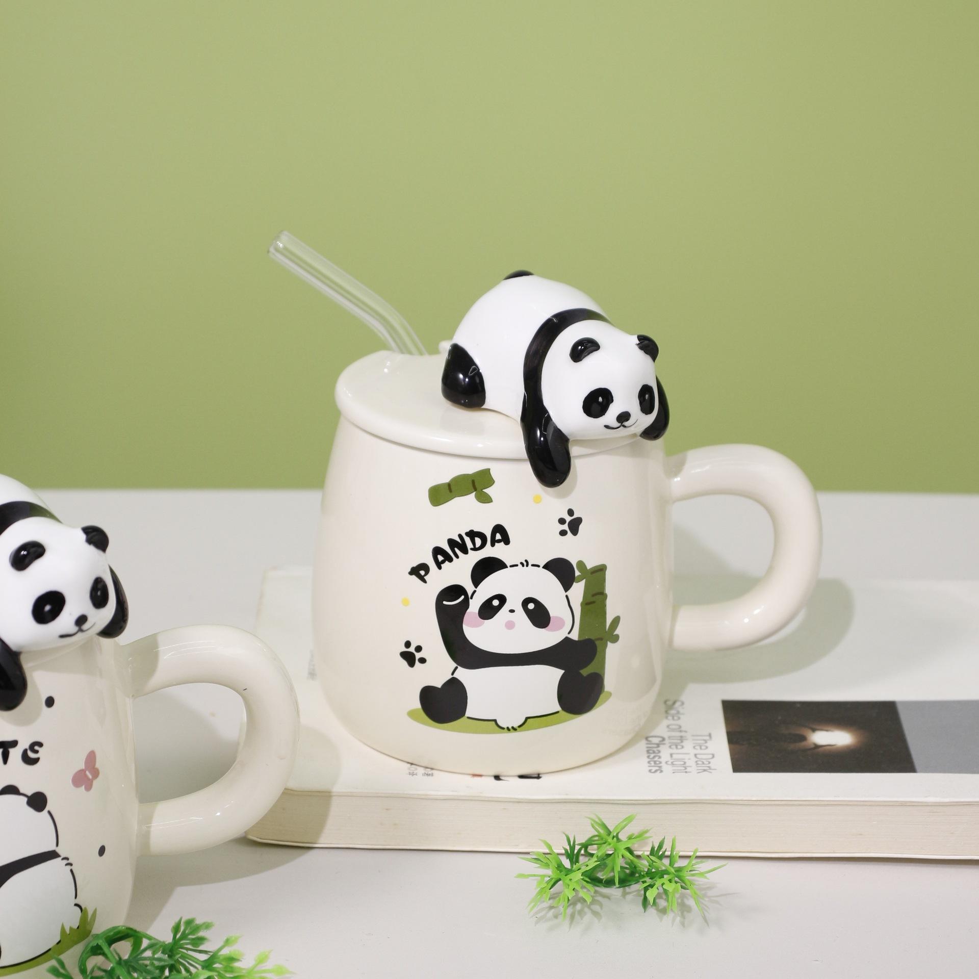 400ml Creative Cute Ceramic Panda Coffee Cup with Lid and Glass Straw Embossed Cartoon Design for Household or Office Use