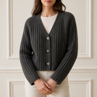 Cardigan côtelé épais personnalisé pour femme, col en V, gris anthracite, boutonné, manches longues, vente en gros d'usine OEM ODM, hiver