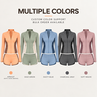 Ensemble de sport deux pièces personnalisé pour femme : veste zippée à manches longues color block et short taille haute pour l'entraînement en salle de sport
