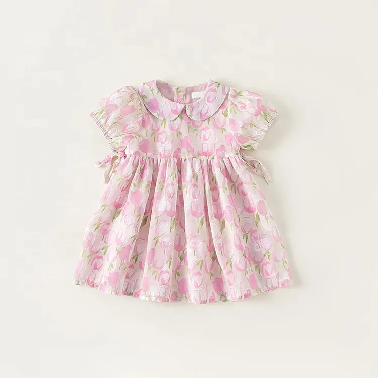 Dress putri anak perempuan, gaun kerah boneka sifon pink desain lucu berbunga musim panas 1-10 tahun