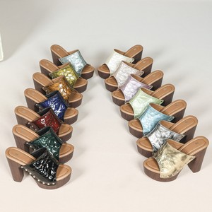 Sandalias de Tacón Alto para Mujer, Punta Abierta, Plataforma Gruesa, Forro de Cuero Genuino, Suela de Madera, Decoradas con Piedras, Tendencia de Moda - Product Image 1