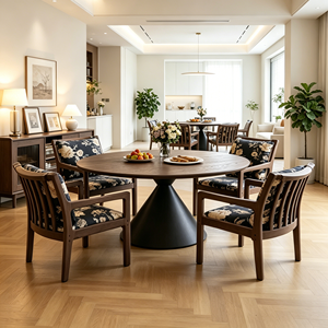 Ensemble de table à manger moderne en noyer foncé avec base à piétement unique et 4 chaises rembourrées à dossier à lattes en tissu floral, mobilier de salle à manger 6 places - Product Image 6