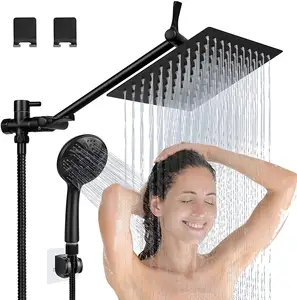 Pomme de douche noir mat 8 pouces avec 9 réglable, pommeau de douche à main et bras d'extension 11 pouces