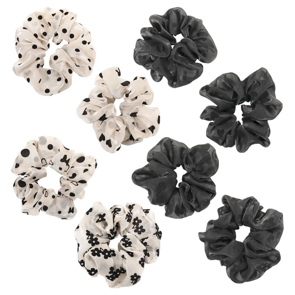 2022 New Summer 15cm Large Glossy Silk Yarn Hair Scrunchies Rubber Elastic Flower Bow Heart Dot Printing Girls Hair Scrunchies