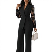 Ensemble pantalon et blazer élégant en dentelle pour femme, tailleur formel de bureau, pantalon large, tenue de soirée professionnelle 2 pièces OEM ODM