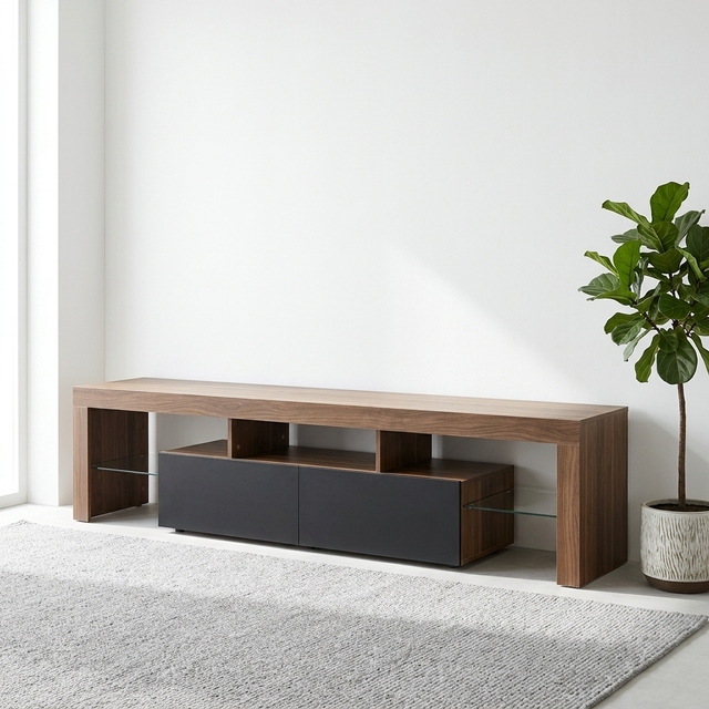 Modern LED TV Stand with Clear Glass Shelving Black Wooden TV Cabinet for Home Decor Panel Wood Furniture for Living Room