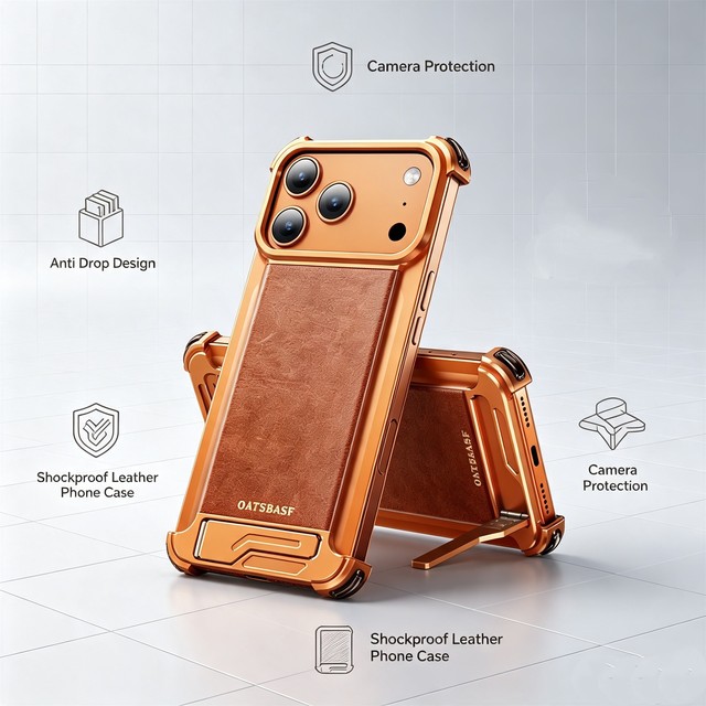 New Luxury Leather Phone Case for iPhone 17 Pro Max With Hidden Stand Frameless Aluminum Alloy Bumper Shockproof Cover Magnetic