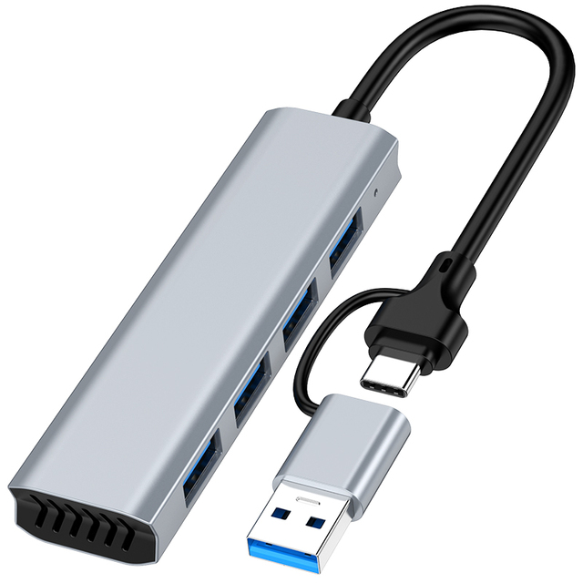Generic Aluminum Shell Grey Dual USB Type-C Ports Portable Mini OTG 4 USB HUB 4 in 1 USB3.0 + USB2.0