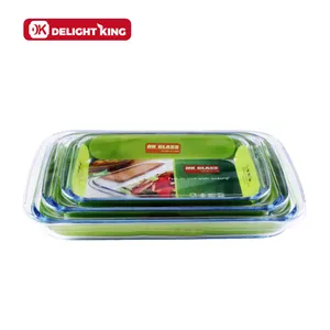 Transparent glass baking dish set/glass baking tray with shrink pack/high borosilicate glass bakeware set