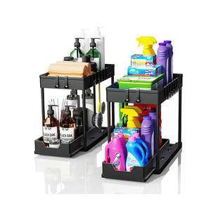 WIREKING Panier d'armoire coulissant à 2 niveaux sous l'évier Organisateurs et rangement pour salle de bain <span class=keywords><strong>cuisine</strong></span> avec 4 crochets <span class=keywords><strong>1</strong></span> <span class=keywords><strong>bac</strong></span> de rangement - Product Image 1