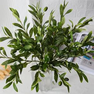 M1274 Folhas verdes para decoração de plantas artificiais, folhas artificiais, galhos de oliveira com frutas para decoração