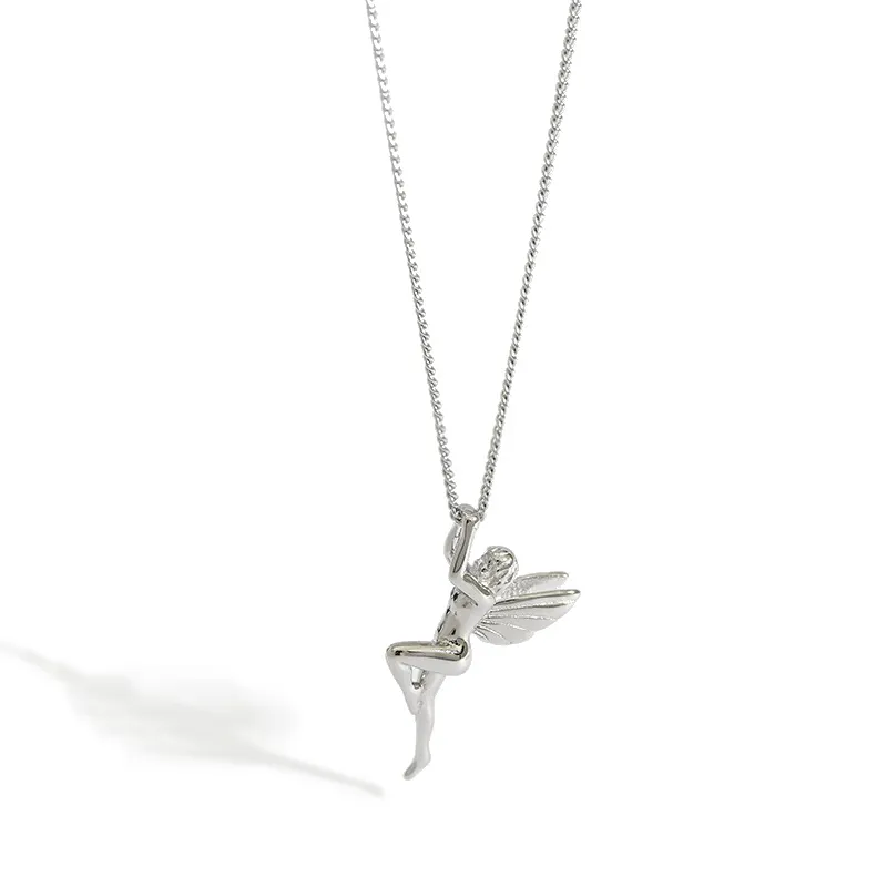 Real 925 Sterling Silver Guardian Angel Pendant Necklace Colier High Polish 925 Sterling Silver angel Pendant Necklace