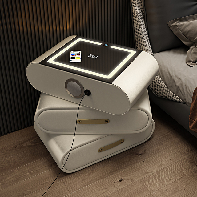 Designer Rotatable Modern High-End 3-Drawers Smart Wireless Charging Built-in Bluetooth Speaker Soft Fabric Nightstand Bedroom