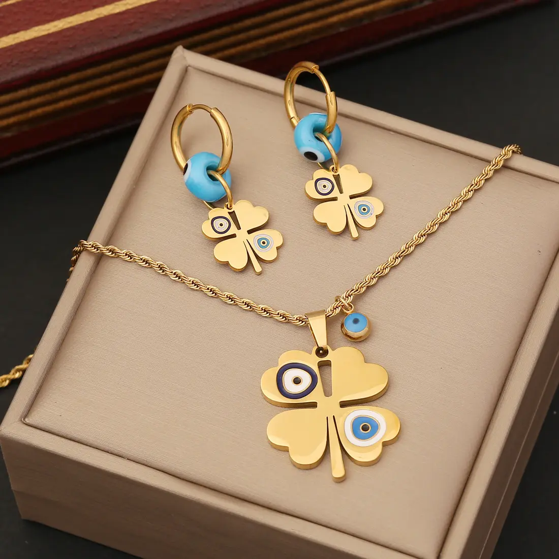 2023 Trendy 18k Gold Plated Stainless Steel Blue Eye Flower Necklace Earrings Bracelet jewelry set for women