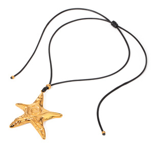 Starfish Pendant Necklace Stainless Steel Gold Plated Black Waxed <b>Rope</b> <b>Chain</b> Geometric Design Fashion Jewelry - Product Image 5