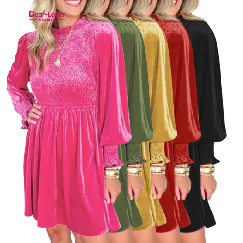 Dear-Lover Venda Quente Elegante Casual Rose Frilled Neck Smocked Corpete Velvet Dress