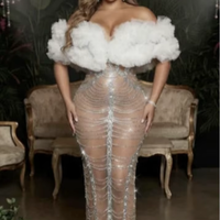 Robe de soirée sexy pour femme, en tulle brodé de sequins transparents, à épaules dénudées, élégante pour les spectacles et les fêtes