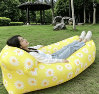 Canapé gonflable moderne jaune vif en forme de marguerite - Fauteuil paresseux pliable esthétique pour le camping en extérieur et la détente à la maison