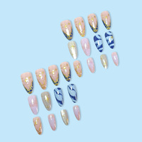 Uñas Postizas con Diseño de Estrella y Luna, 24 Piezas, Forma de Almendra, Estilo Romántico, Decoración de Uñas al por Mayor