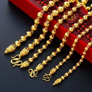 African Vintage Custom Made Jewelry Designs 24K Real Gold Filled Plated Long Large Bead Necklace For Men