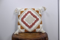 Housse de coussin carrée tuftée de luxe faite à la main, style bohème géométrique, en polyester/coton, avec pompons, pour canapé, décoration intérieure