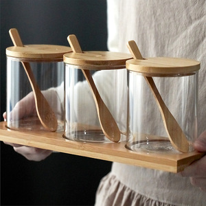 Modern Transparent Glass Bamboo Wooden Frame Seasoning <strong>Jar</strong> <strong>Set</strong> for Home Restaurant Condiments <strong>Container</strong> with Salt Shaker Cover - Product Image 1