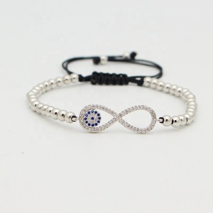 Moda chapado en oro 4MM cuentas de latón Mirco Pave CZ número ocho 8 infinito ojo encanto ajustable cordón negro pulsera - Product Image 4