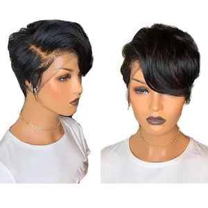 Cheap Short Pixie Cut Human Hair Wig Straight Remy Brazilian Hair for Black Women 13x4x1 T Lace Wig 13X4 Lace Frontal Natural