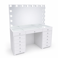 Coiffeuse haute brillance avec plateau en verre, rangement intégré et tiroirs à boutons en cristal, miroir à ampoules inclus