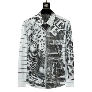 Bold design metal buttons leopard print black and white baroque long sleeve shirt for men