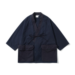 2025 OEM urbano Retro japonés Streetwear suelta Kimono camisa hombres verano Color bloque bolsillo <span class=keywords><strong>Haori</strong></span> Casual Oversized Breeze camiseta - Product Image 4