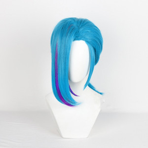 Vente en gros court <span class=keywords><strong>Jinx</strong></span> perruque 45cm moyen long bleu ligue des légendes LOL arcane Anime cheveux synthétiques Halloween fête Cosplay perruque - Product Image 2
