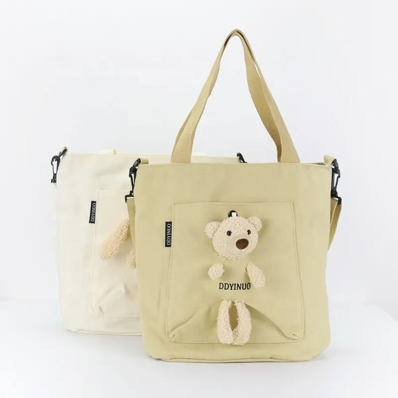 OEM/ODM Custom Printed Logo Messenger HandBag Canvas Cotton Grocery Hand Bag With Cute Bear