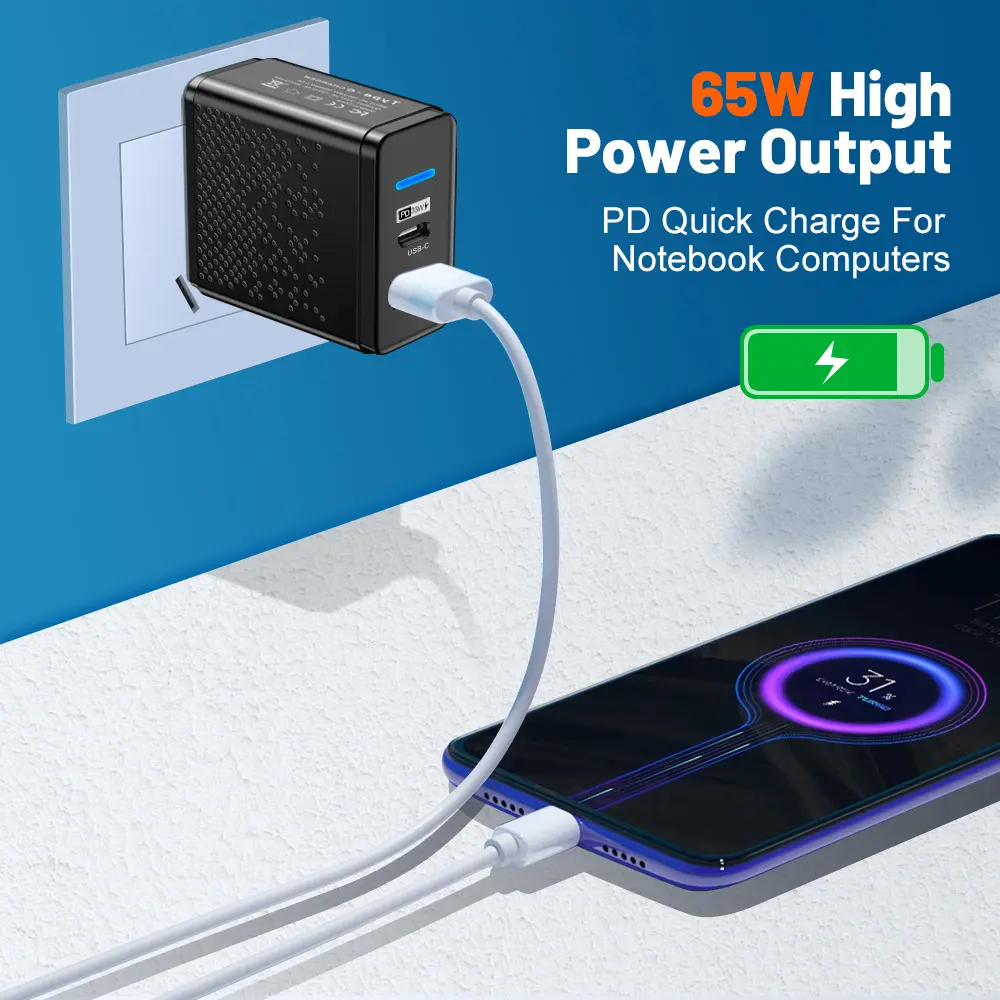 GaN 65W USB C 충전기 PD 유형 C + USB 듀얼 포트 벽 충전기 아이폰 14 13 샤오미 삼성 맥북 전화 충전