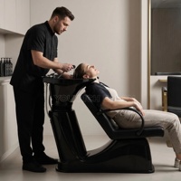 Chaise de lavage ergonomique en cuir PU avec lavabo en céramique noir, chaise de lavage confortable pour salon de coiffure, station de lavage pour salon de coiffure