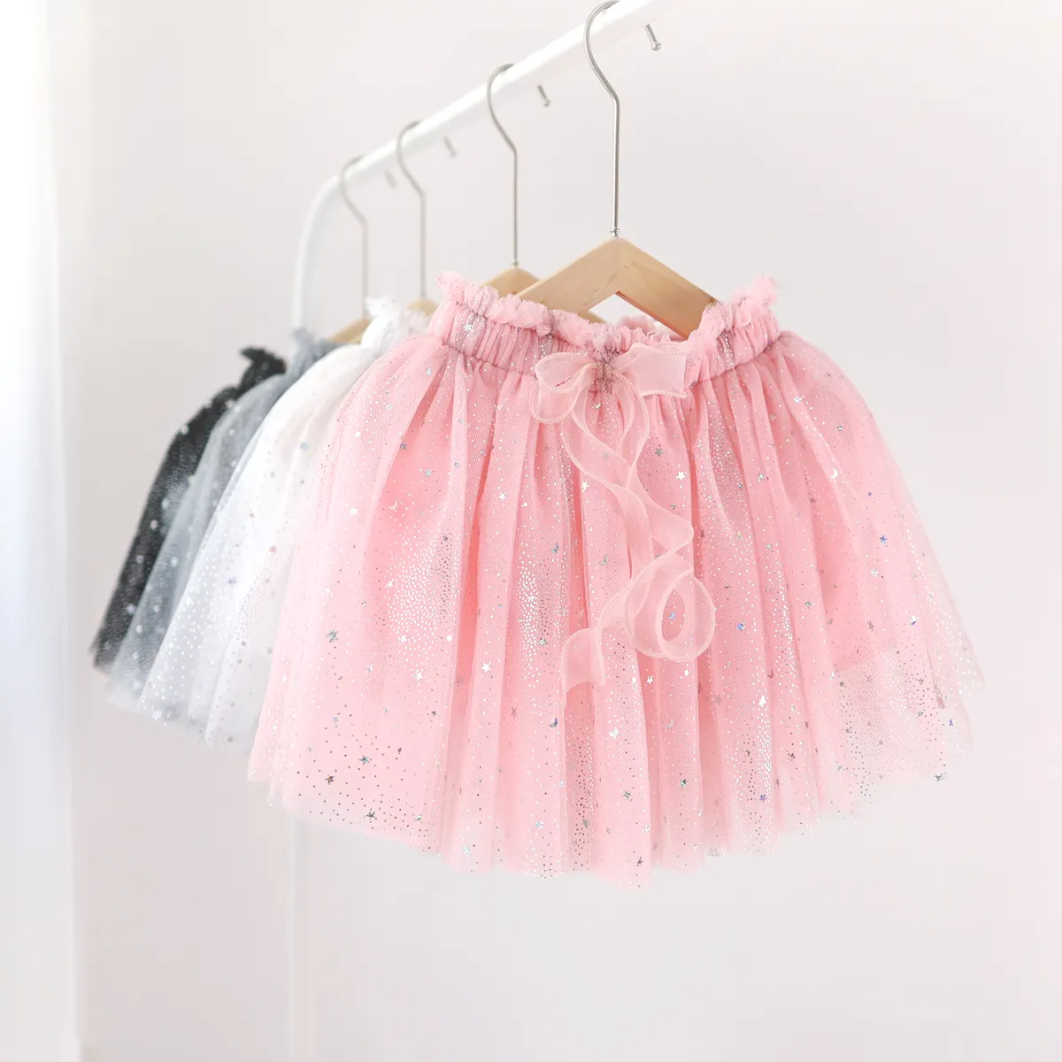 Kids Sequins Star Tutu Children Ruffle Skirt Lining Cotton Kids Tulle Pleated Bow Skirts for Girls Tutu Toddler Black Tutu Skirt