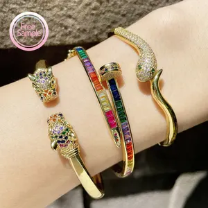 Women Vintage snake shape jewelry colorful zircon 18K gold plated brass bracelet