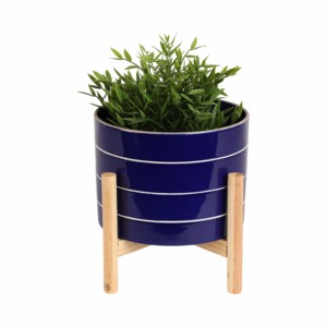 Vaso in Ceramica a Righe con Supporto in Legno per Arredamento Casa, Fioriera per Ingresso, Patio, Tavolo, Giardino, Colorato - Product Image 2