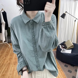 Women's Cotton Linen Shirt Long Sleeve Loose Fit Lace Trim Retro Style Everyday Wear Purple White Pink Bean Green - Product Image 2