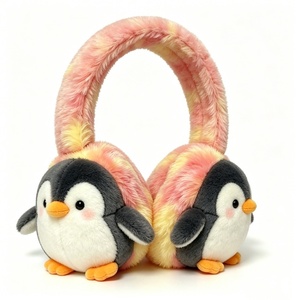 Orejeras de Felpa Personalizadas con Diseño de Pingüino Tie-Dye en Tonos Pastel, Suaves Calentadores de Orejas de Invierno con Degradado Rosa-Amarillo para Niños - Product Image 3