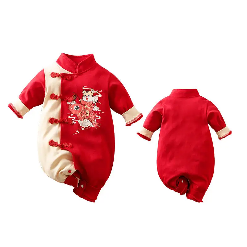 Barboteuse rouge à manches longues pour bébé, vêtements de style chinois