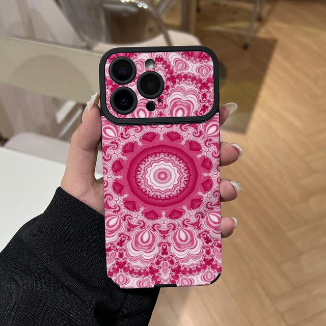 Retro Pink-toned Mandala Compatible for 17 Phone Case for 16 PRO Large Window Design Premium TPU Shockproof Girly Soft Case