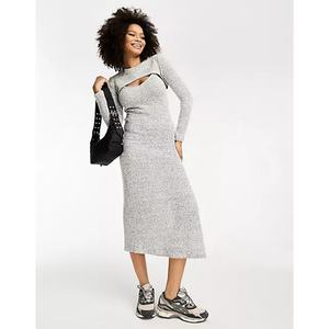 Vestido Midi Gris de Punto Calado con Manga Larga y Diseño Envolvente, Estilo Francés Sexy, de Alta Calidad al por Mayor - Product Image 2