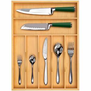Bamboo Silverware Organizer and Cutlery Tray with Grooved Drawer Dividers for Flatware and <b>Kitchen</b> - Product Image 1
