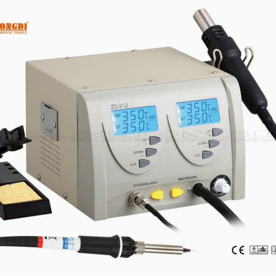 Zhongdi ZD-912 Best Selling 2 In 1 SMD Hot Air Rework Station and Soldering Iron Station Digital Temperature Correction ESD Safe