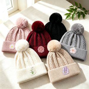 Wholesale Custom Embroidery Wovel Label Logo Pom Pom Beanies 100% Acrylic Knit <strong>Fleece</strong> <strong>Lined</strong> Winter <strong>Hats</strong> Warm <strong>Bobble</strong> Caps - Product Image 4