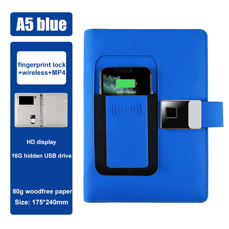 Azul + cerradura de huella digital + inalámbrico + MP4 + 16GB