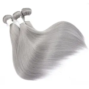 Grosir abu-abu perak bundel rambut lurus kutikula selaras Virgin Peru rambut vendor abu-abu bundel rambut manusia dan penutup